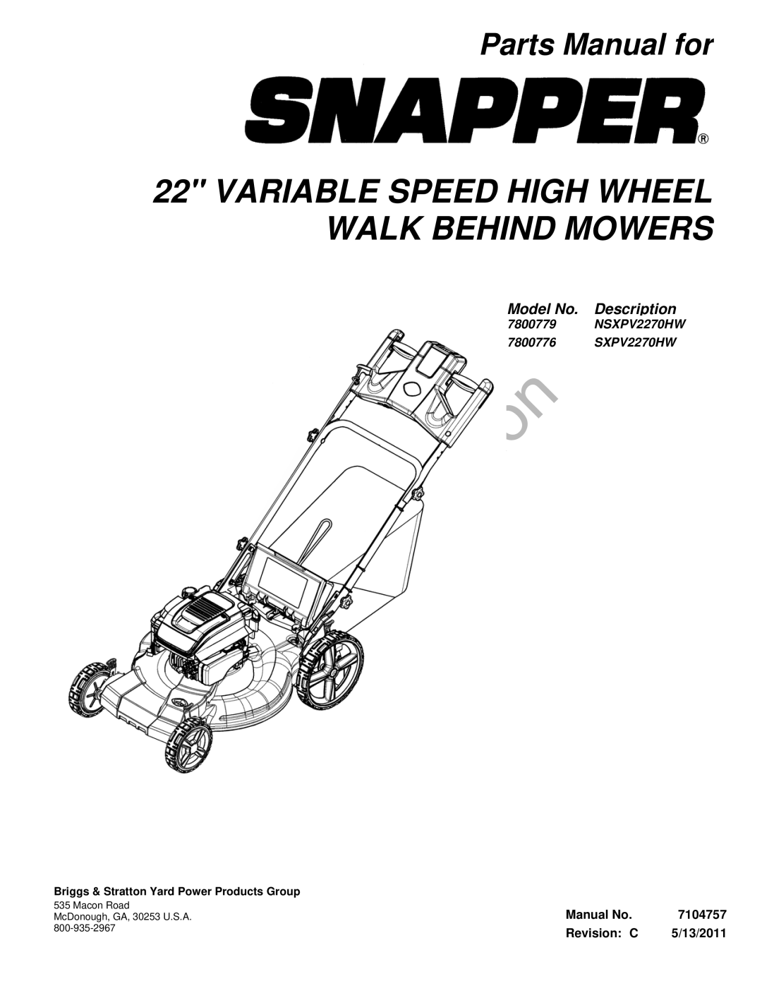 Snapper 7800779, 7800776 manual Reproduction 