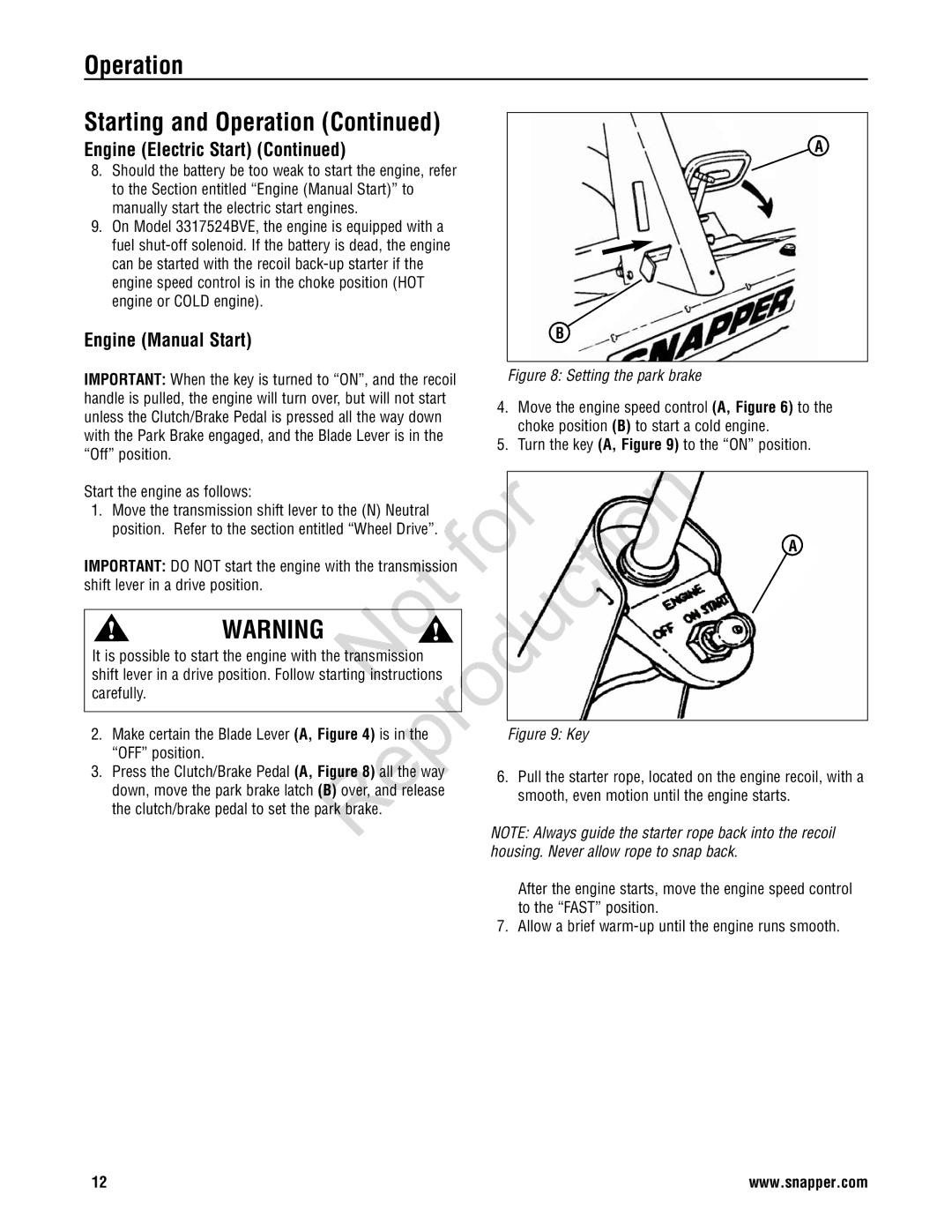 Snapper 7800785, 7800784, 7800786, 7800787 manual Engine Manual Start, Housing. Never allow rope to snap back 