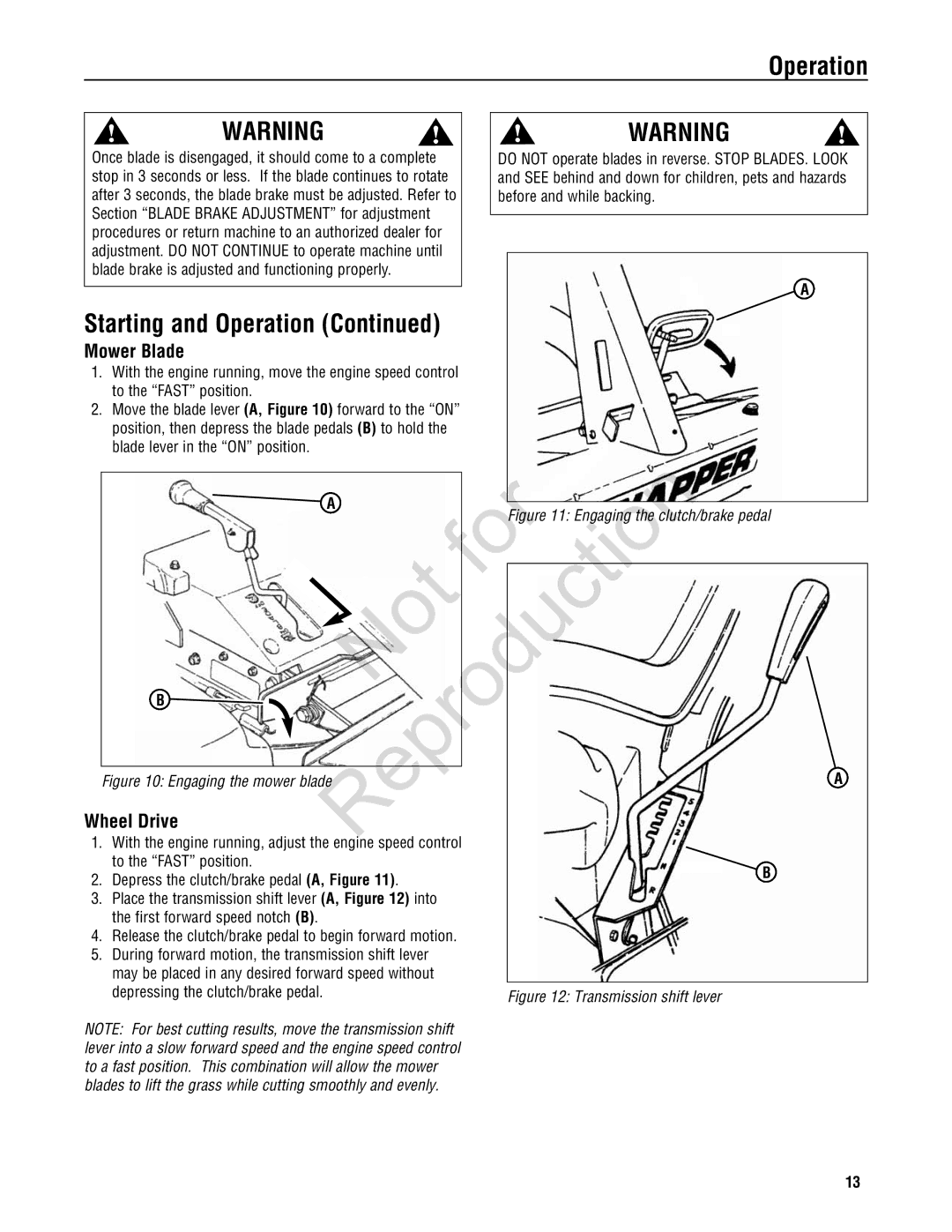 Snapper 7800784, 7800785, 7800786, 7800787 manual Mower Blade, Wheel Drive, Reproduction Figu Engagi g the clutch/brake pedal 