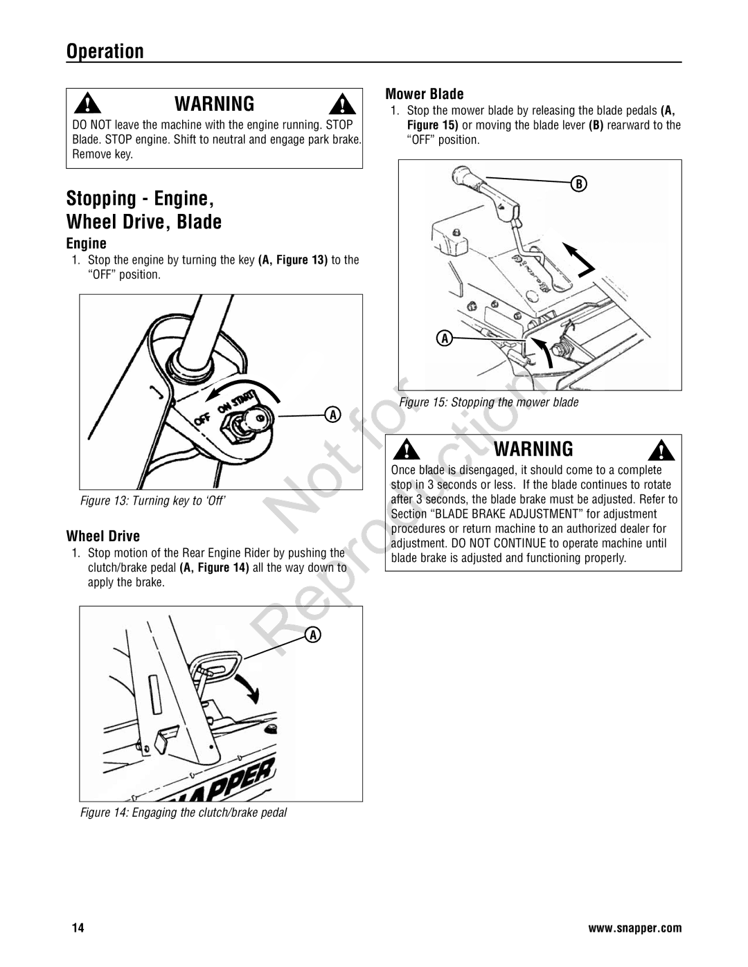 Snapper 7800786, 7800785, 7800784 Operation, Stopping Engine Wheel Drive, Blade, Figu 15 St ppi g the mower blade, Proce 