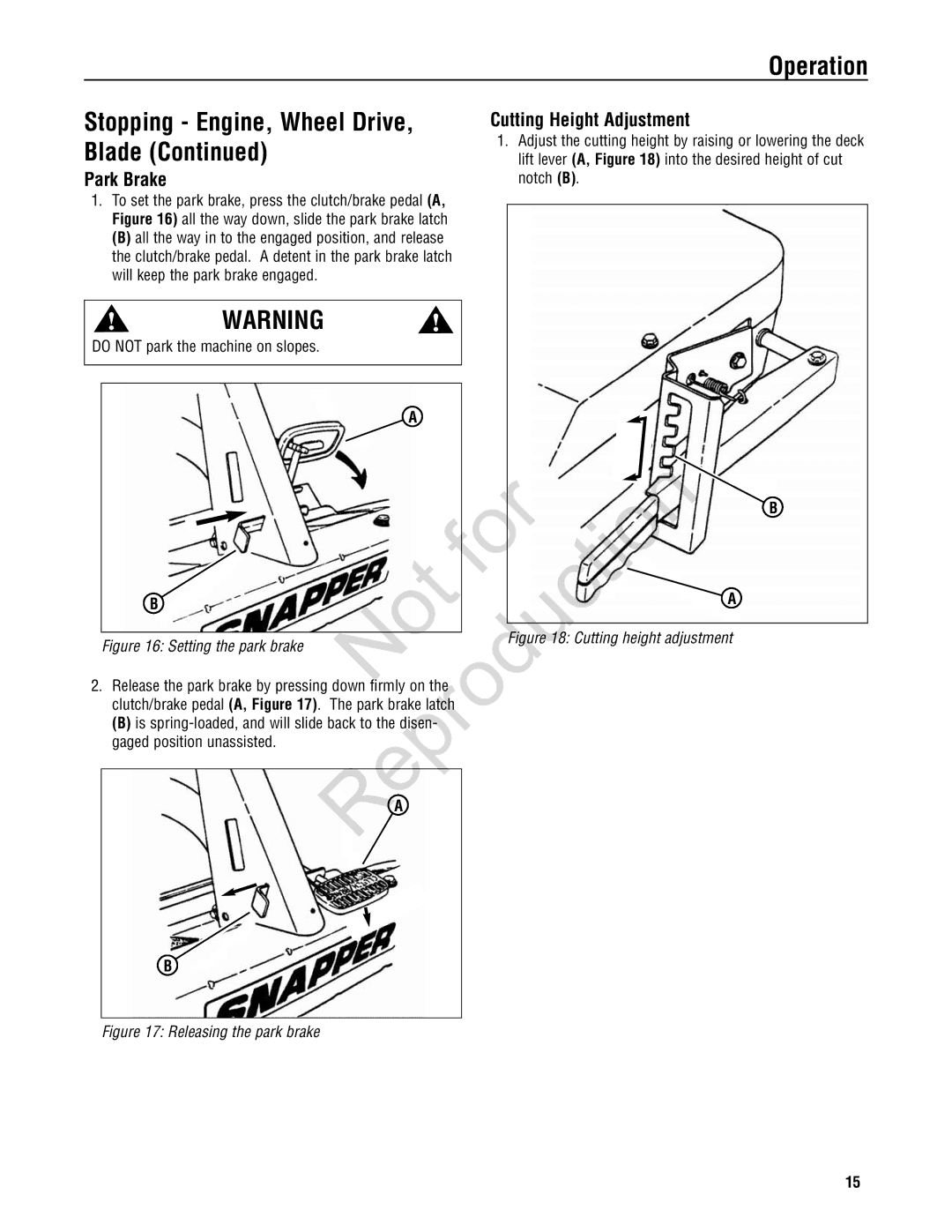 Snapper 7800787, 7800785, 7800784, 7800786 manual Stopping Engine, Wheel Drive, Blade, Cutting Height Adjustment, Park Brake 