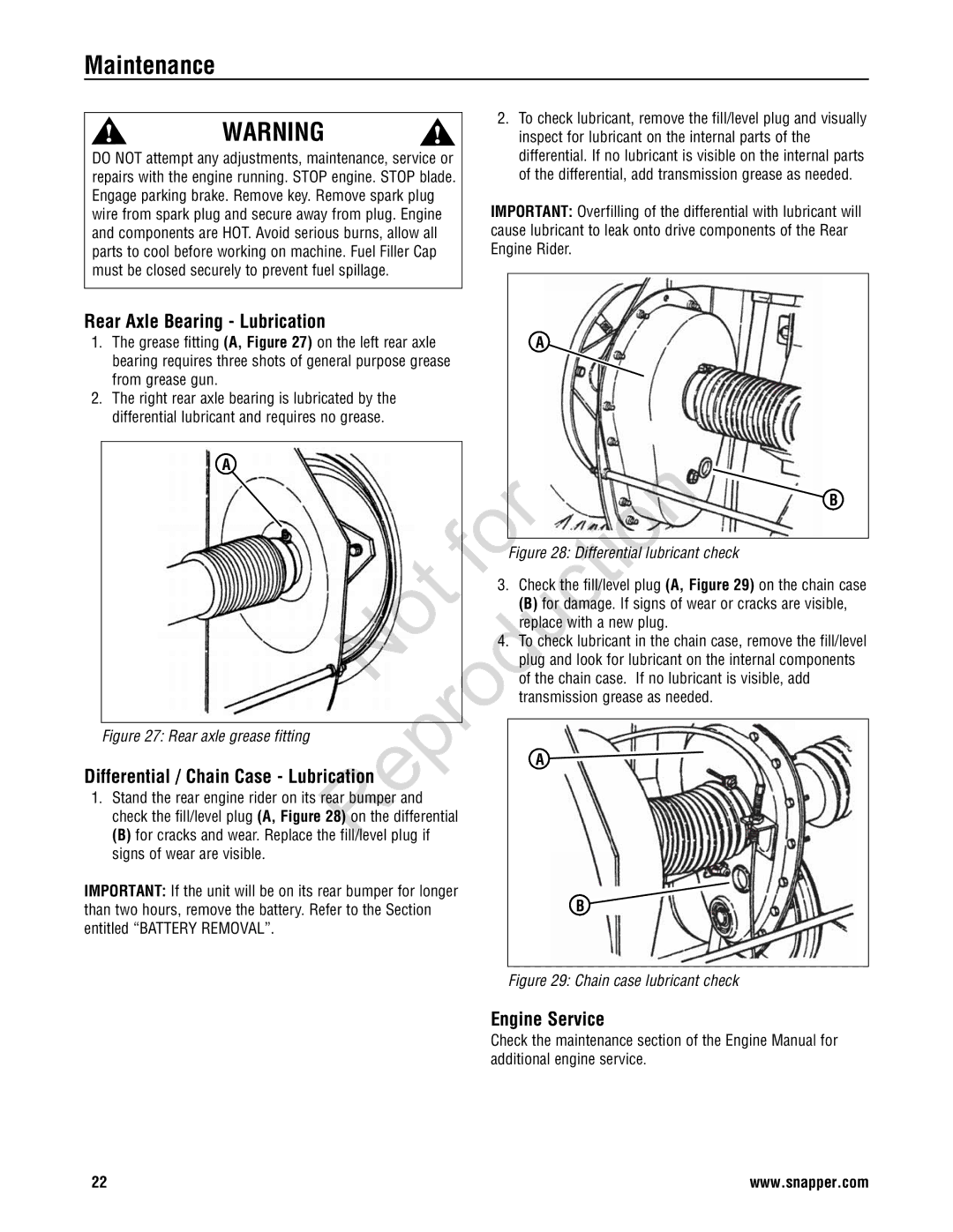 Snapper 7800786 manual Rear Axle Bearing Lubrication, Inspect for lubricant on the internal parts, Replace with a new plug 