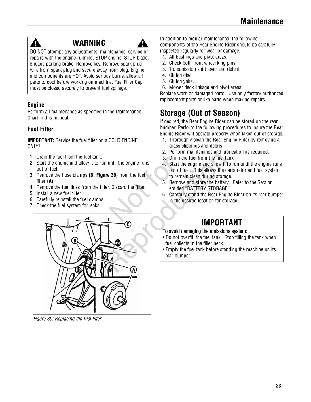 Snapper 7800787, 7800785, 7800784 manual Storage Out of Season, Fuel Filter, Repro Duction Avoi Damaging the emissions system 