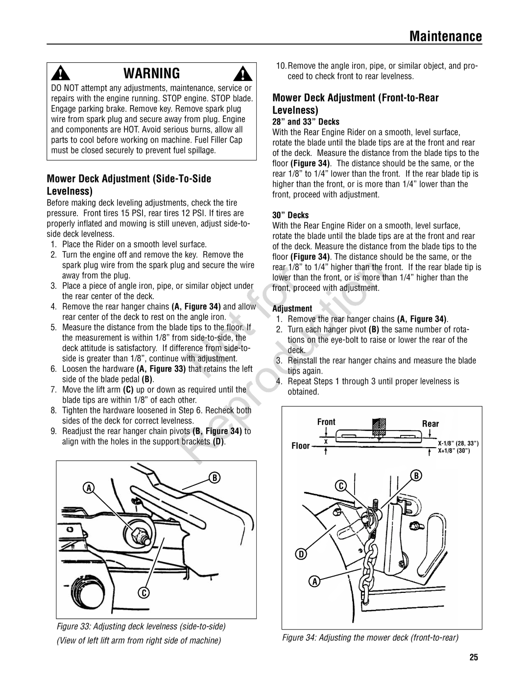 Snapper 7800784, 7800785 manual Mower Deck Adjustment Side-To-Side Levelness, Mower Deck Adjustment Front-to-Rear Levelness 