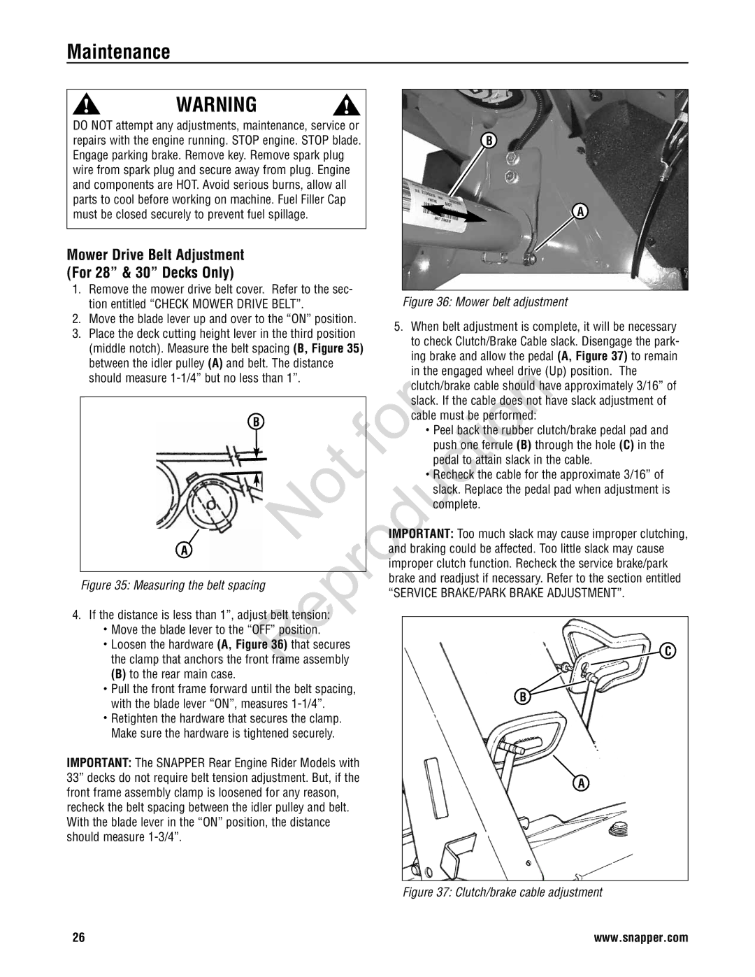 Snapper 7800786, 7800785 manual Mower Drive Belt Adjustment, Remove the mower drive belt cover. Refer to the sec, Complete 