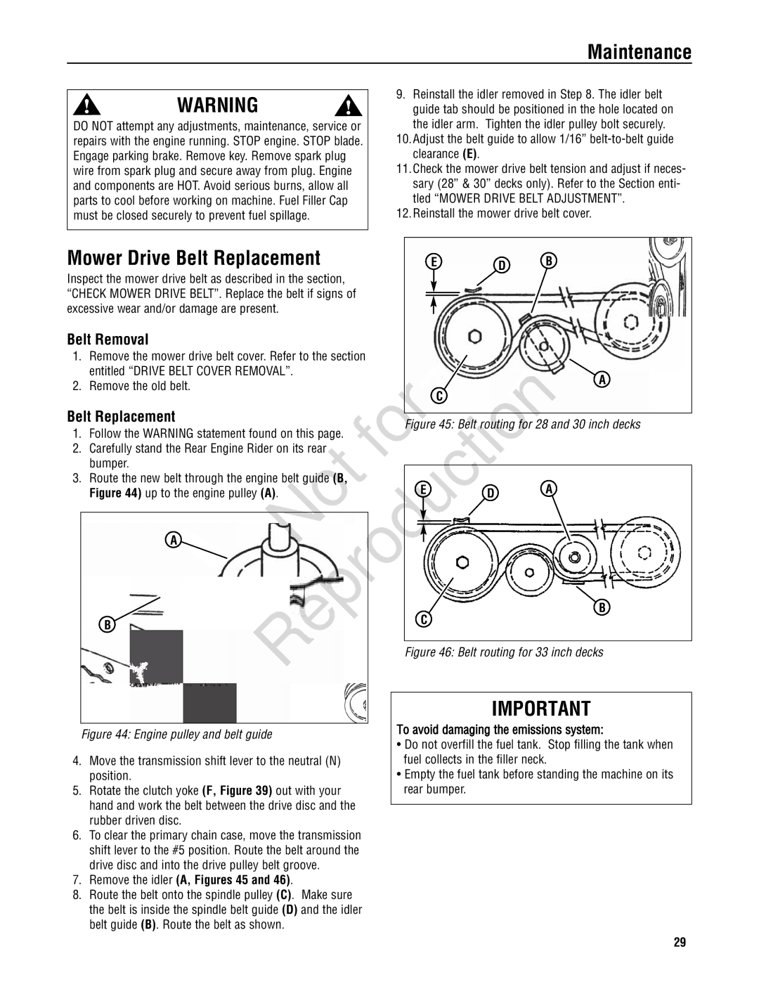 Snapper 7800784, 7800785 Mower Drive Belt Replacement, Belt Removal, Ut ng f 30 inch decks, Remove the idler A, Figures 45 