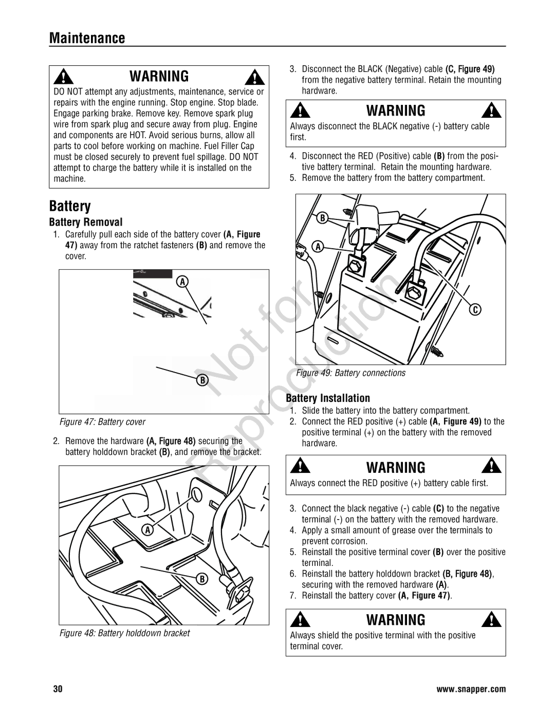 Snapper 7800786, 7800785, 7800784, 7800787 manual Battery Removal, Battery Installation, Fig re 49 Battery connections 