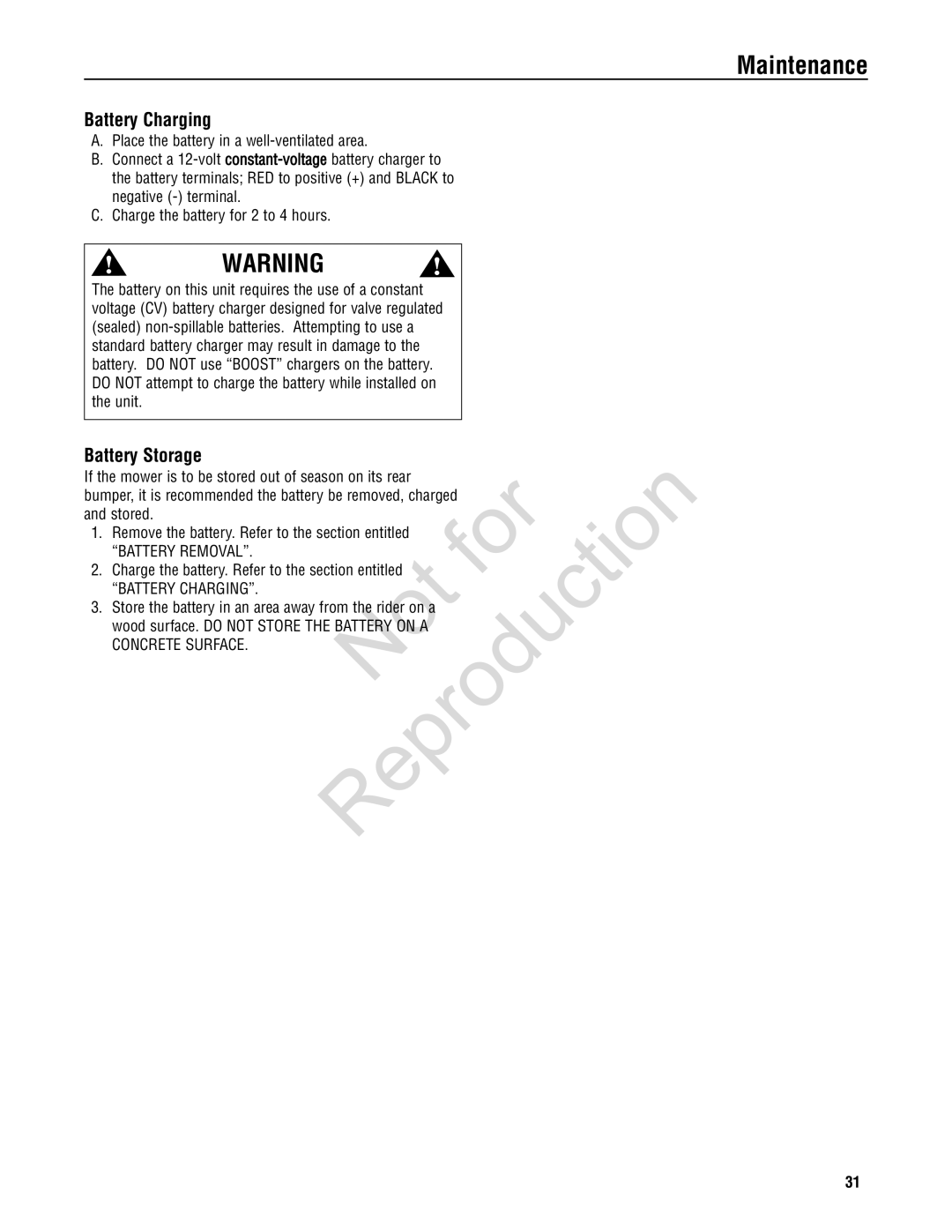 Snapper 7800787, 7800785, 7800784 manual Battery Charging, Battery Storage, Charge the battery. Refer to the section entitled 