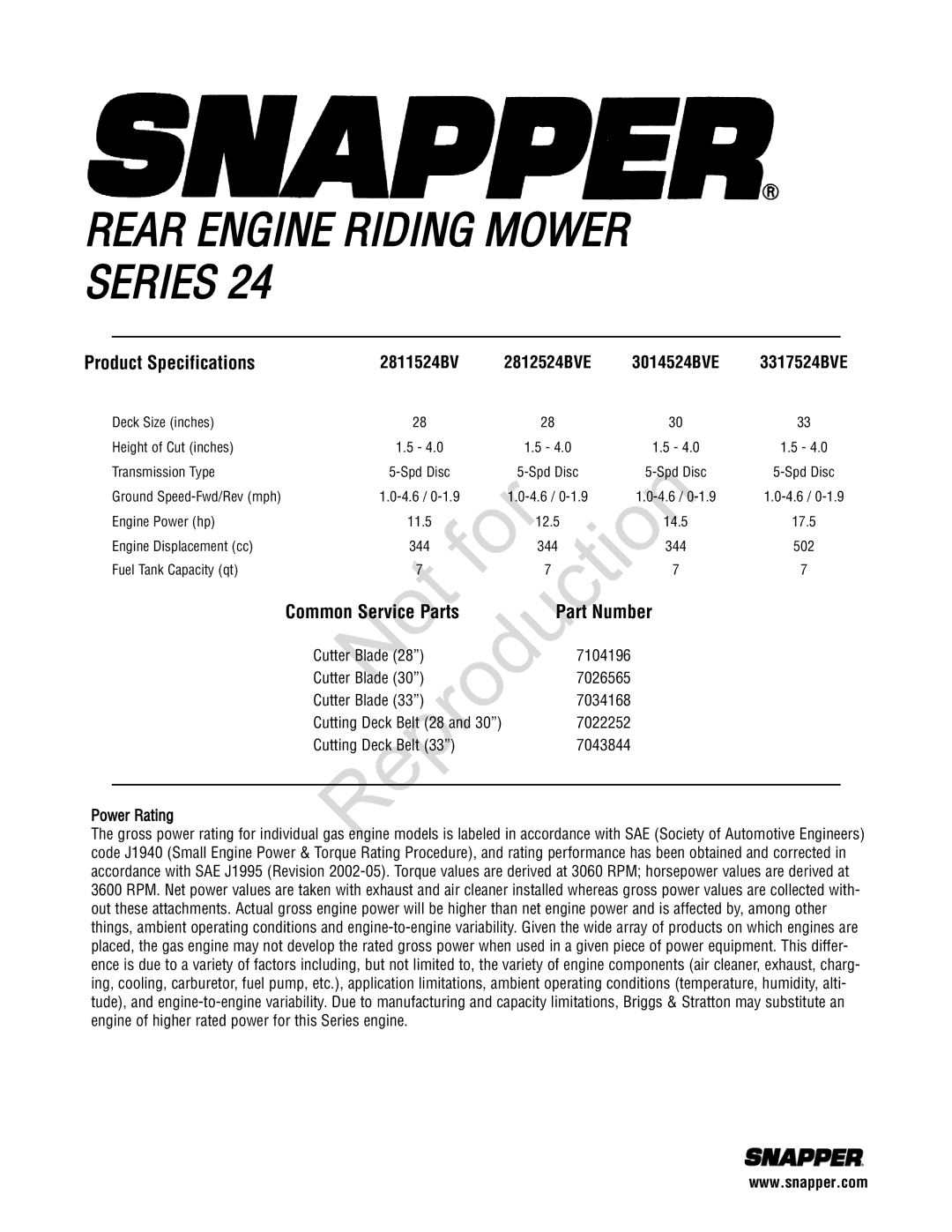 Snapper 7800785, 7800784, 7800786, 7800787 Common Service Parts, 2811524BV 2812524BVE 3014524BVE 3317524BVE, Power Rating 