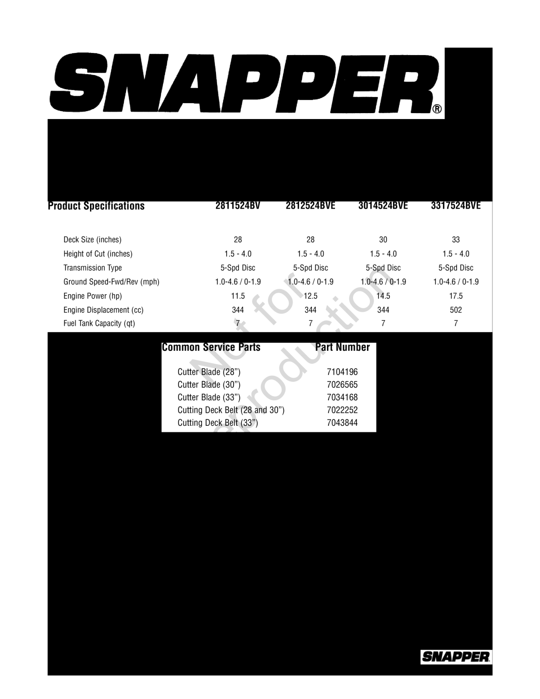 Snapper 7800785, 7800784 manual Common Service Parts, Reproduction, Rear Engine Riding Mower Series, Product Specifications 