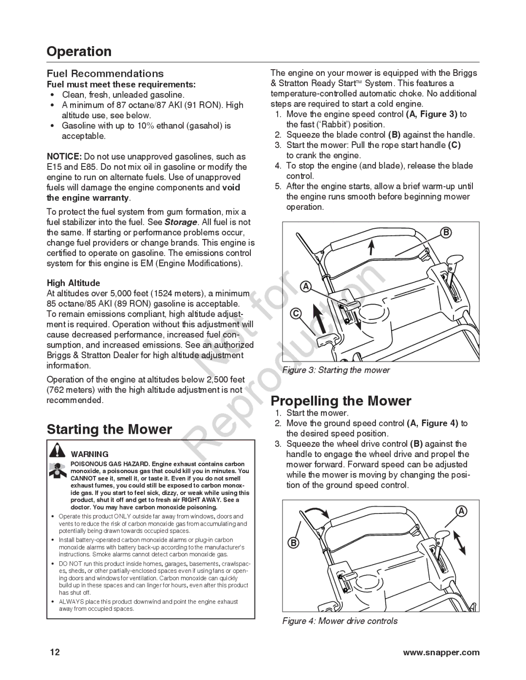 Snapper 7800841-01, 780084-01, 7800842-01 manual Propelling the Mower, Starting the Mower, Fuel Recommendations 