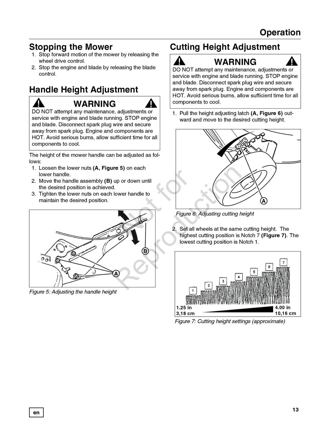 Snapper 780084-01, 7800841-01, 7800842-01 manual Stopping the Mower Cutting Height Adjustment, Handle Height Adjustment 