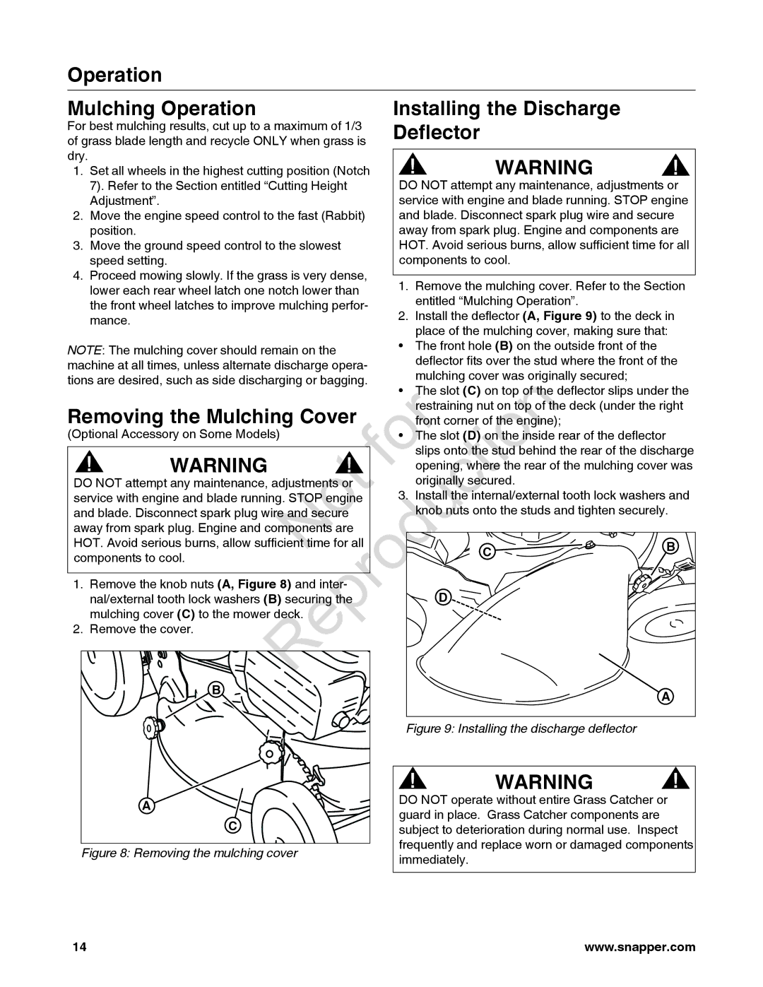 Snapper 7800842-01, 7800841-01 manual Mulching Operation Installing the Discharge, Deflector, Removing the Mulching Cover 