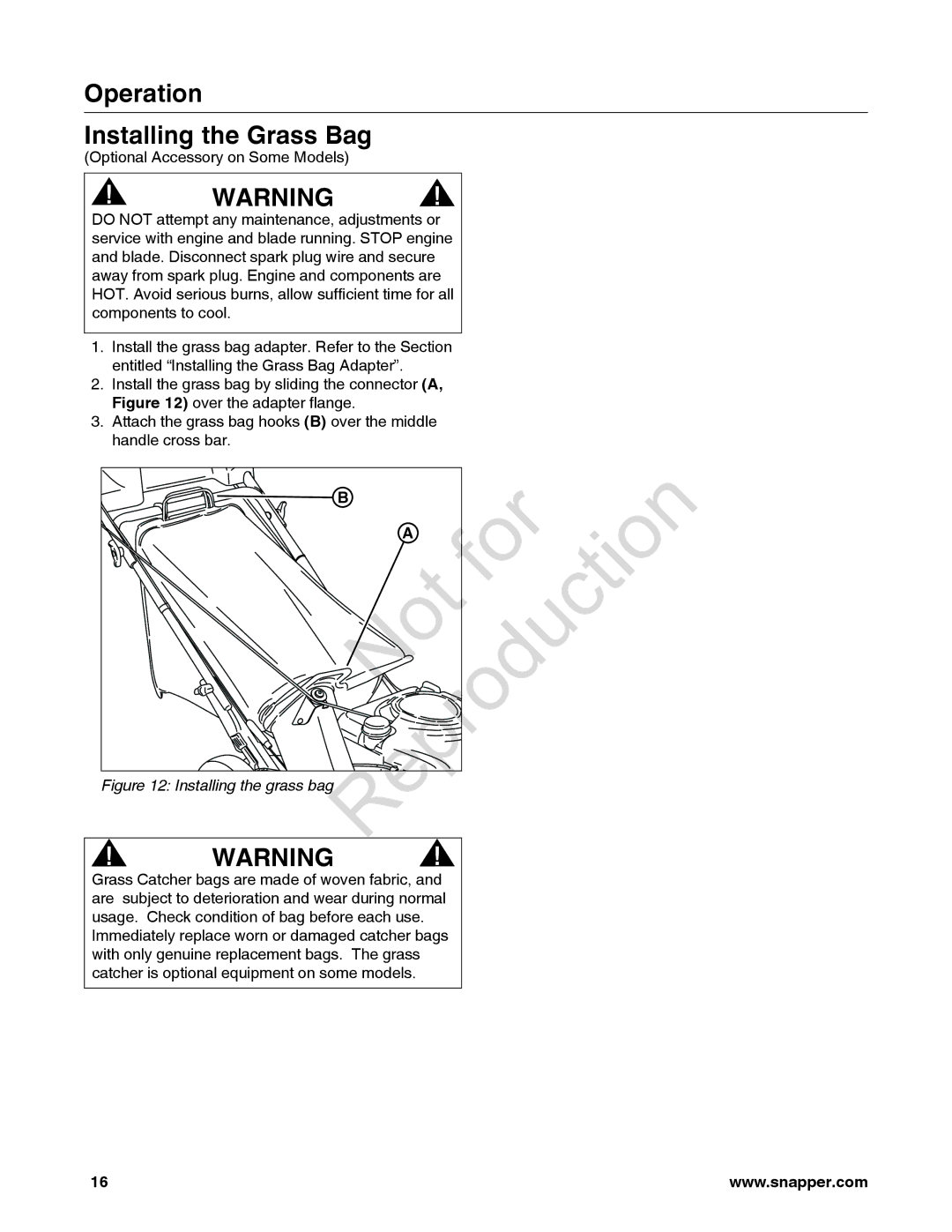 Snapper 780084-01, 7800841-01, 7800842-01 manual Not, Operation Installing the Grass Bag 
