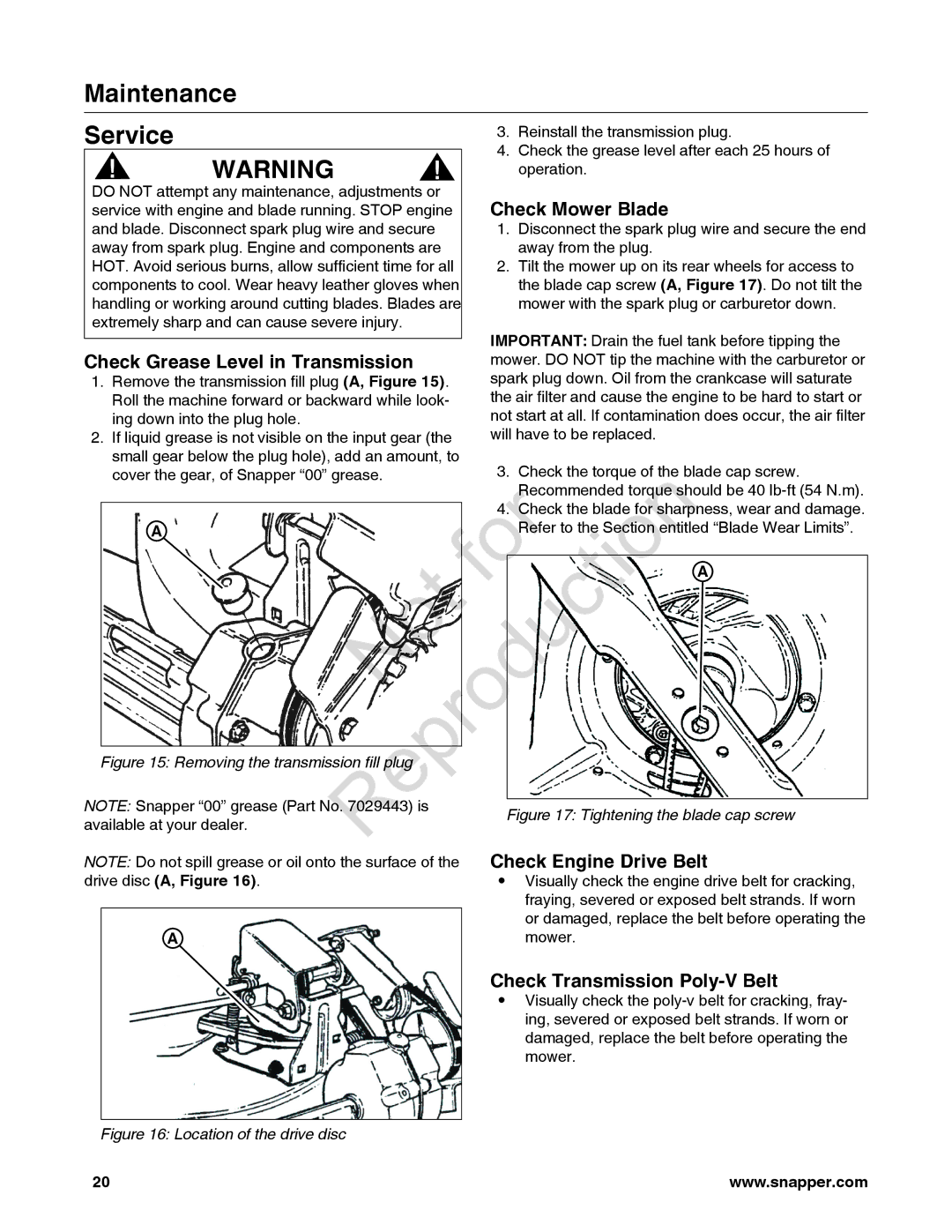 Snapper 7800842-01, 7800841-01, 780084-01 manual Maintenance Service, Check Mower Blade, Check Grease Level in Transmission 