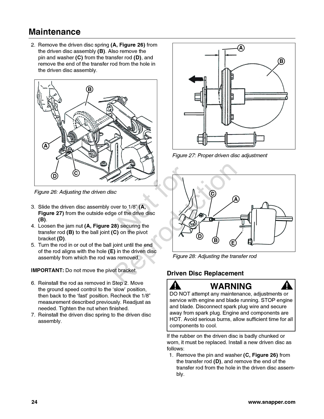 Snapper 7800841-01, 780084-01, 7800842-01 manual Driven Disc Replacement, Proper driven disc adjustment 