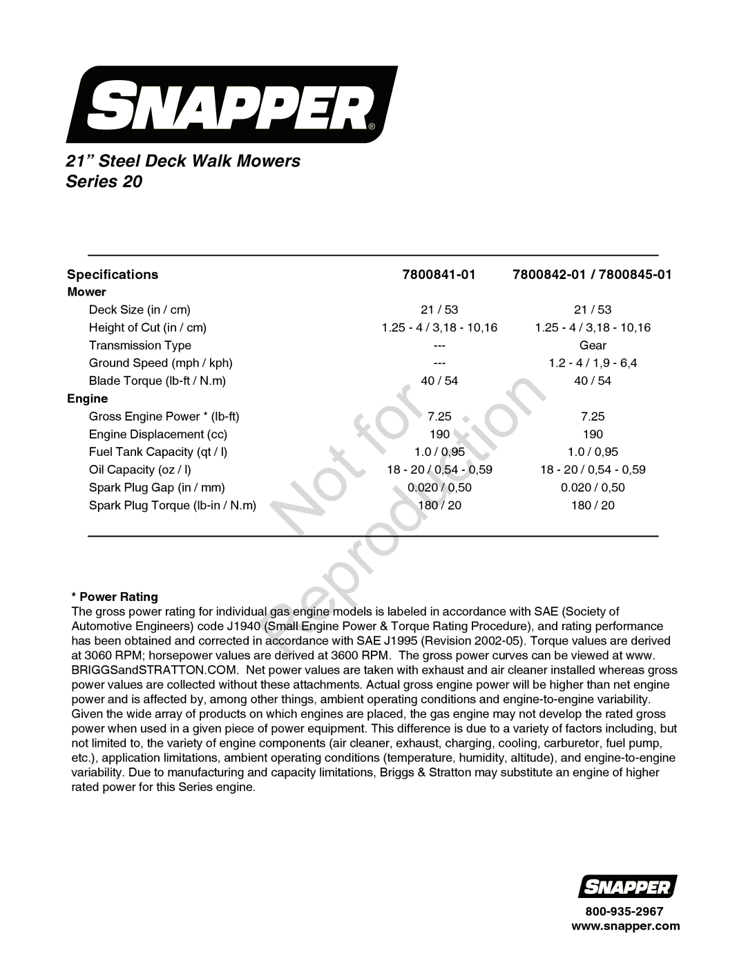 Snapper 7800842-01, 7800841-01, 780084-01 manual Mower, Engine, Power Rating 