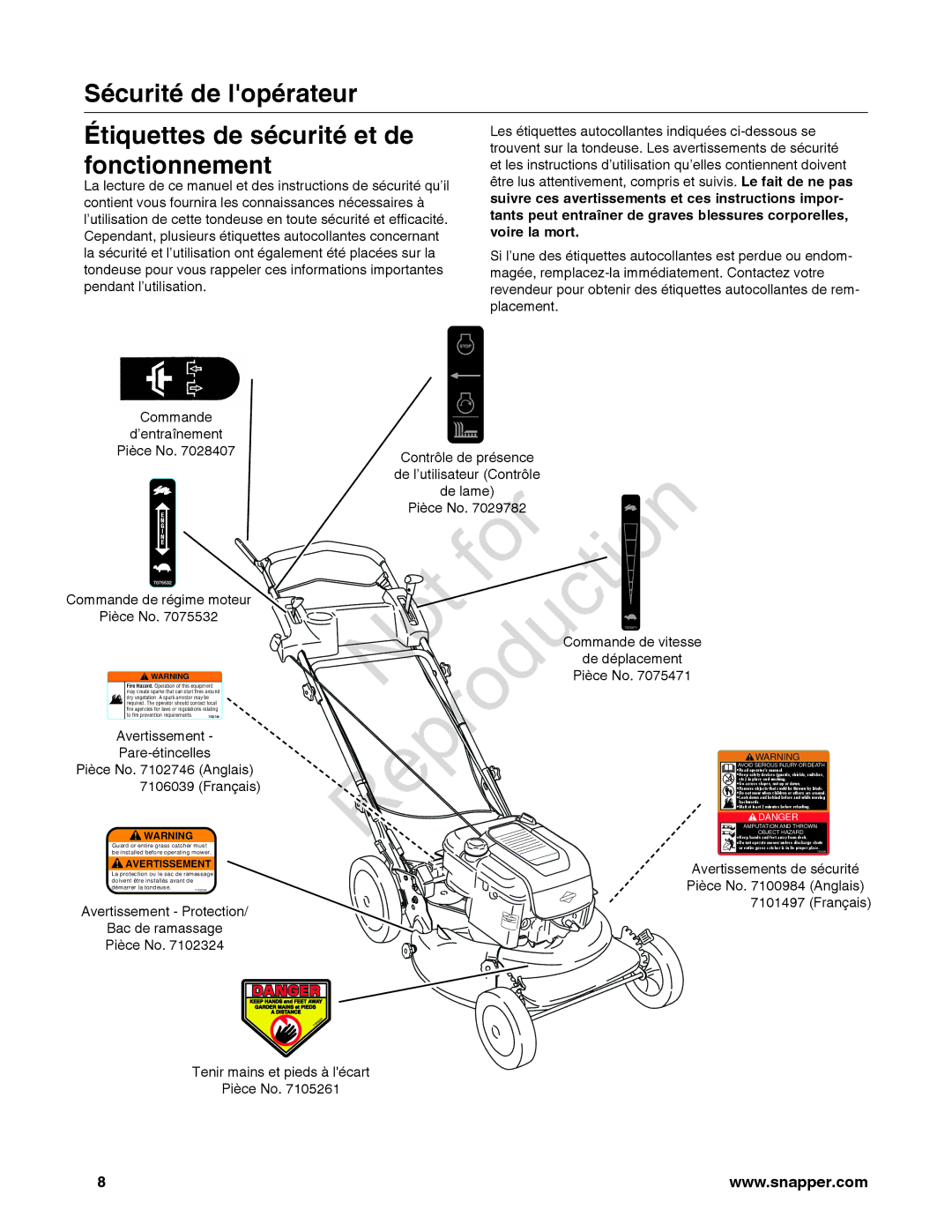 Snapper 780084-01, 7800841-01, 7800842-01 manual Sécurité de lopérateur Étiquettes de sécurité et de, Fonctionnement 