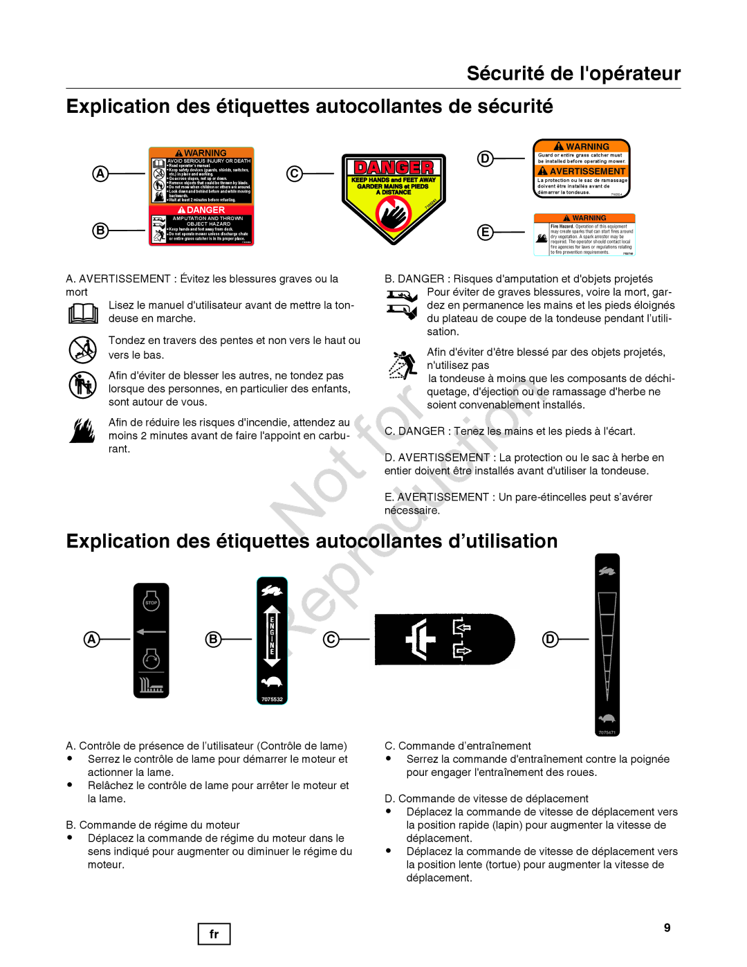 Snapper 7800842-01, 7800841-01, 780084-01 manual Reproduction, Explication des étiquettes aut Llantes d’utilisation 