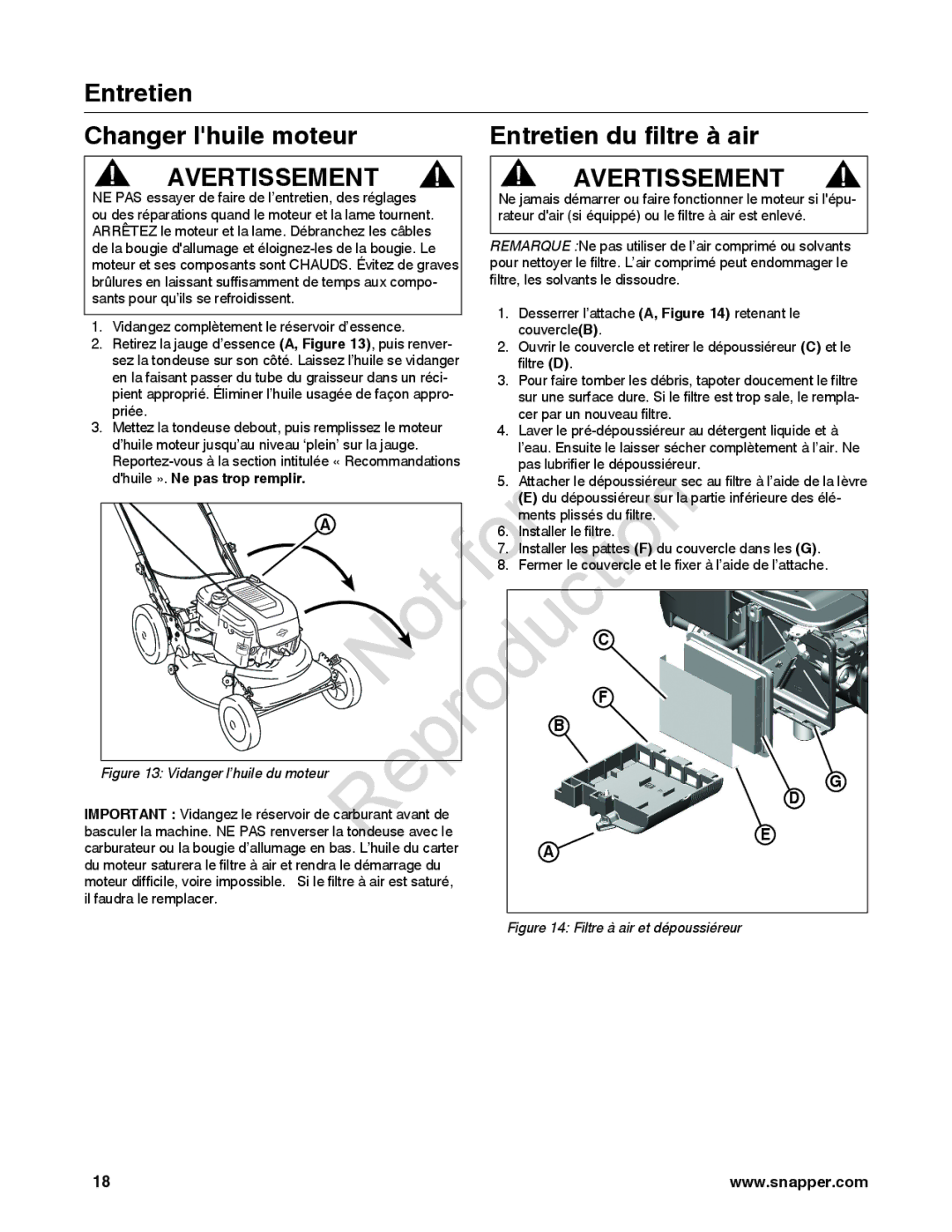 Snapper 7800842-01, 7800841-01, 780084-01 manual Entretien Changer lhuile moteur Entretien du filtre à air 