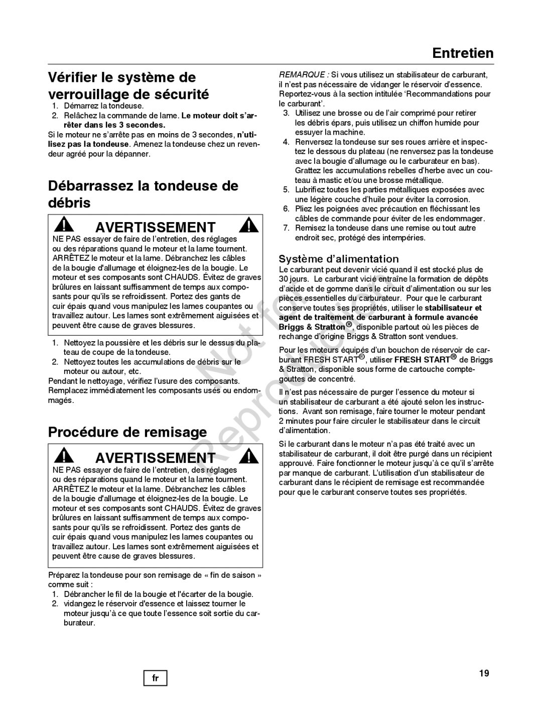 Snapper 7800841-01 manual Entretien, Vérifier le système de, Verrouillage de sécurité, Débarrassez la tondeuse de, Débris 