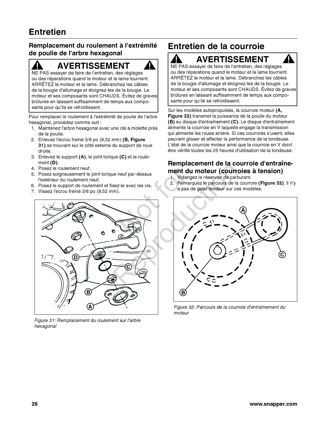 Snapper 780084-01 manual Entretien de la courroie, Remplacement du roulement à lextrémité, De poulie de larbre hexagonal 