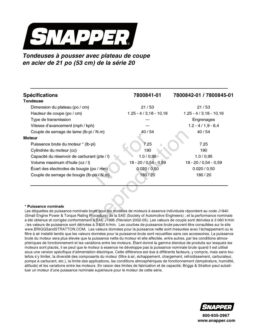 Snapper 780084-01 manual Spécifications 7800841-01 7800842-01, Tondeuse, Moteur 