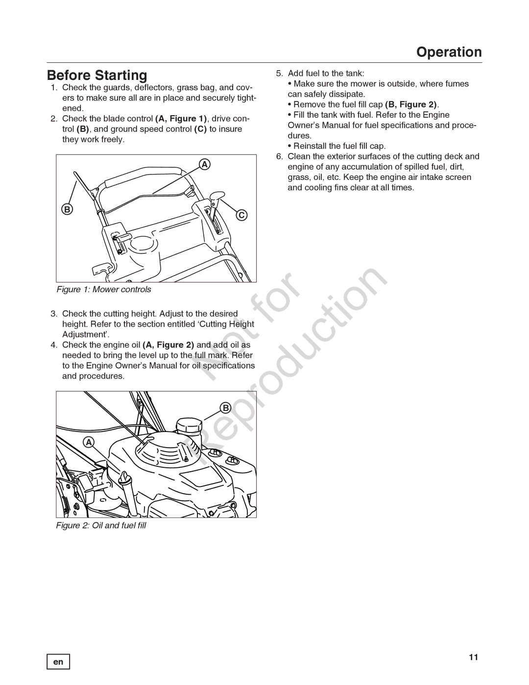 Snapper 7800849 manual Re production, Before Starting Operation 