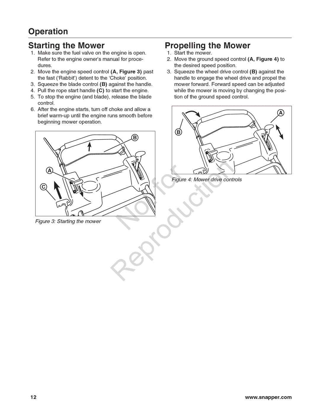 Snapper 7800849 manual Operation Starting the Mower Propelling the Mower, Starting the mower 