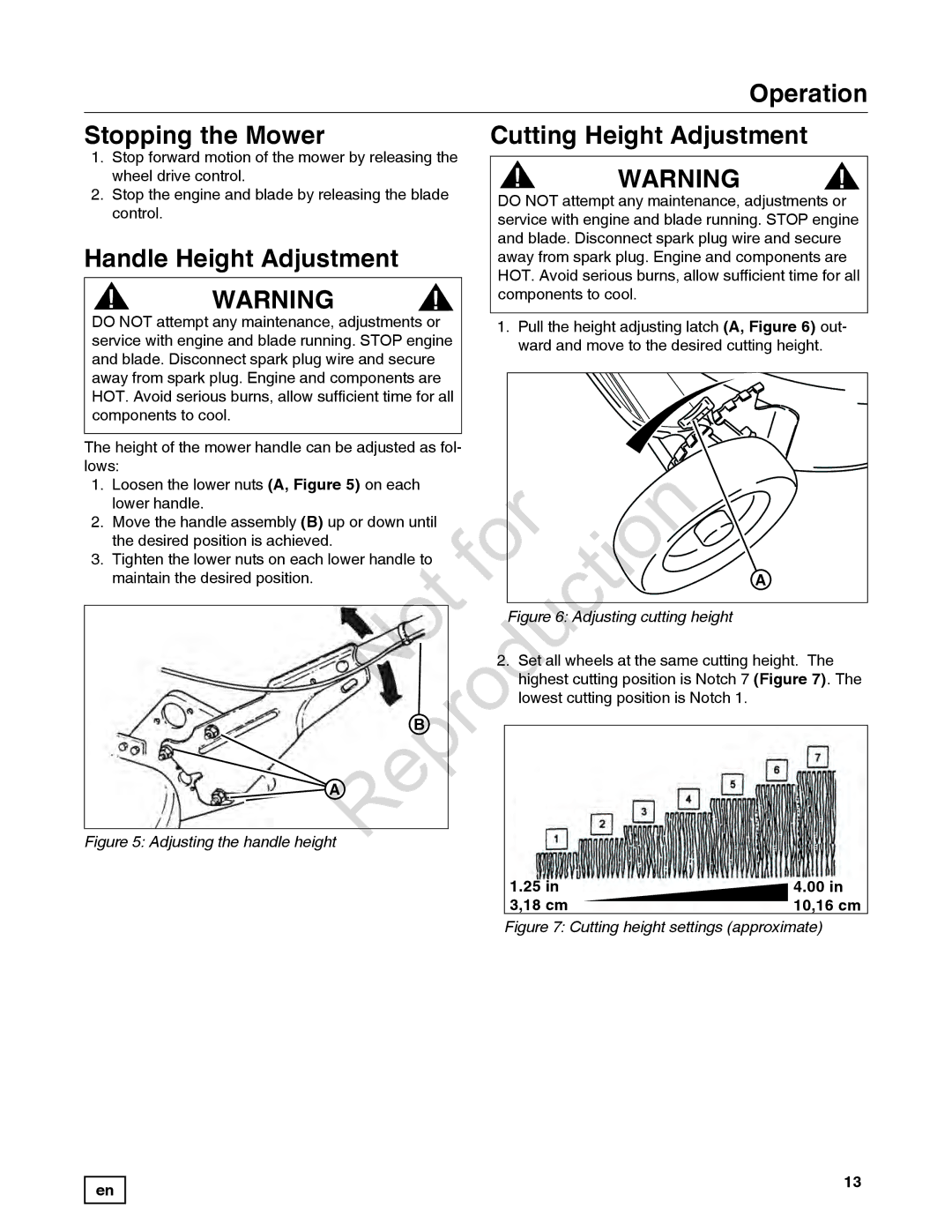 Snapper 7800849 manual Stopping the Mower Cutting Height Adjustment, Handle Height Adjustment 