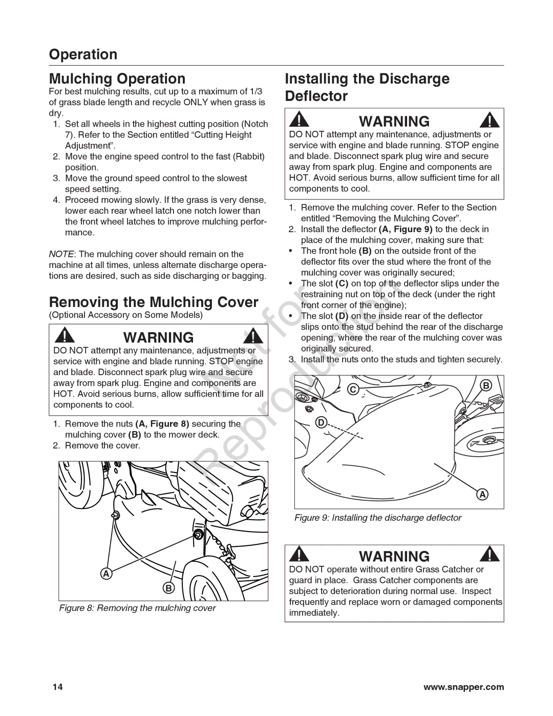 Snapper 7800849 manual Mulching Operation Installing the Discharge, Deflector, Removing the Mulching Cover 