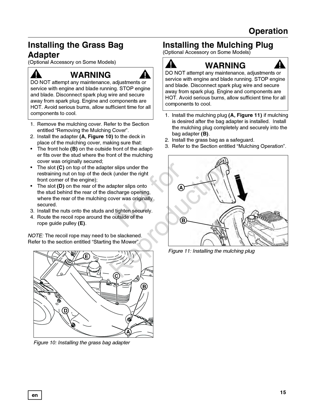 Snapper 7800849 manual ReproB duction, Installing the mulching plug 