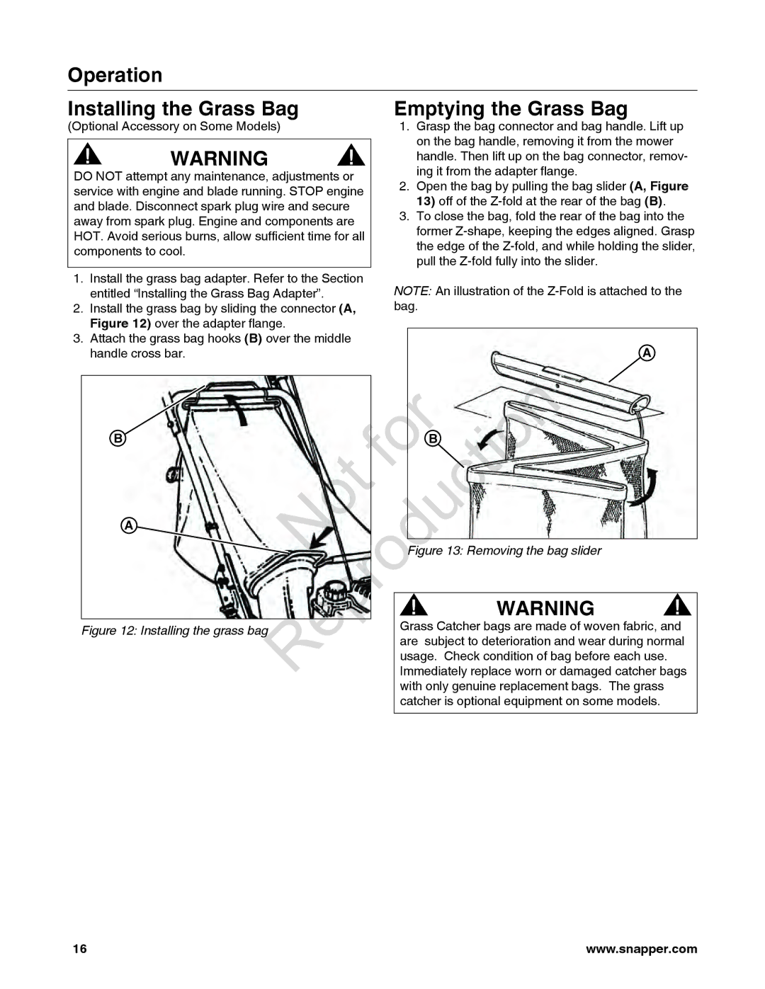 Snapper 7800849 manual Rep roduction Not For, Operation Installing the Grass Bag Emptying the Grass Bag 