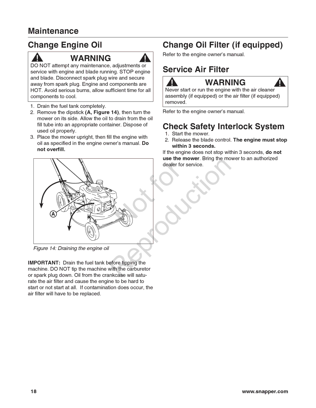 Snapper 7800849 manual For Reproduction, Maintenance Change Engine Oil Change Oil Filter if equipped, Service Air Filter 