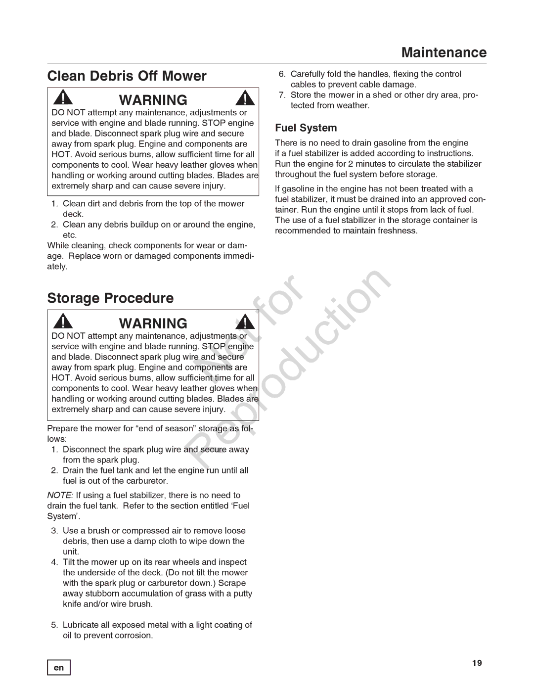 Snapper 7800849 manual Clean Debris Off Mower, Storage Procedure, Fuel System 