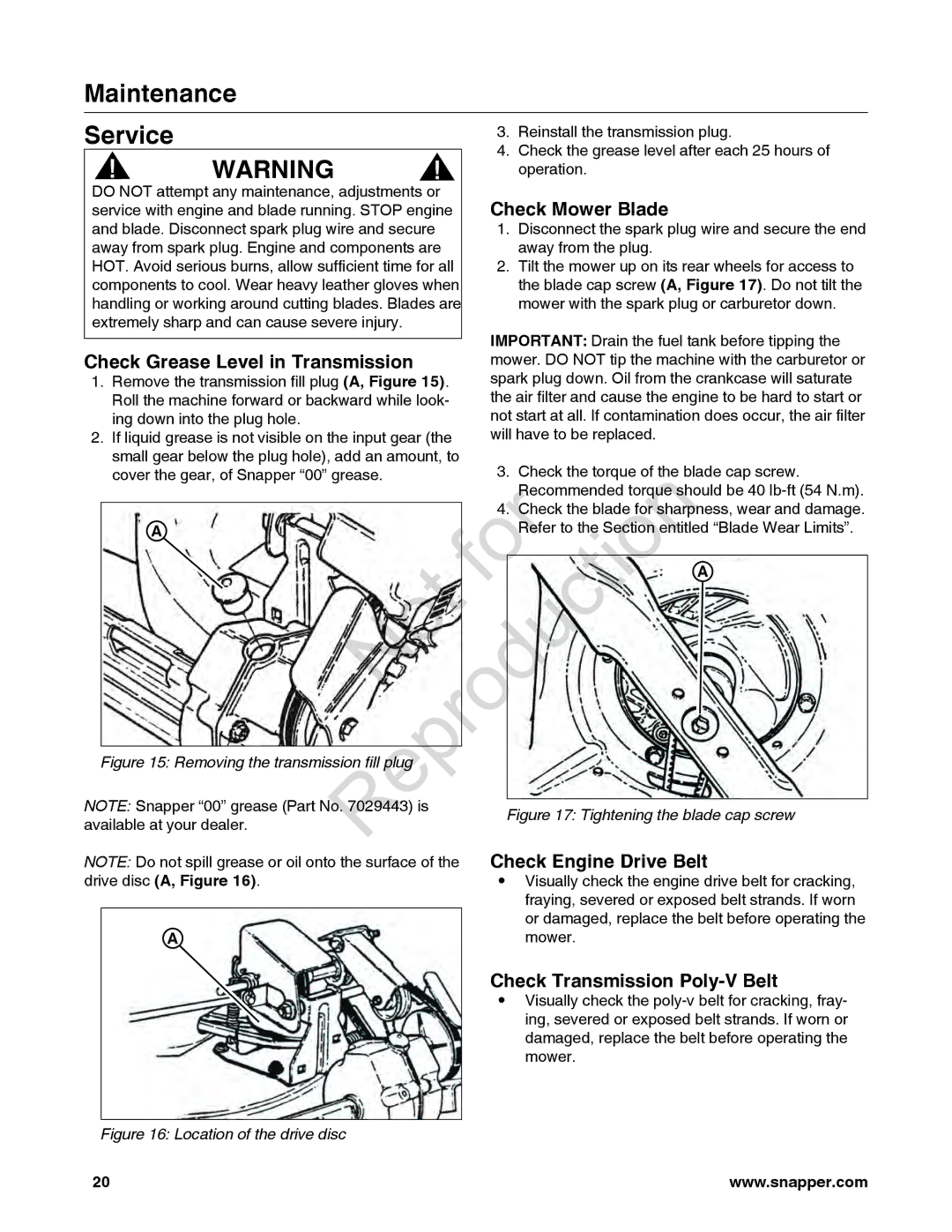 Snapper 7800849 Maintenance Service, Check Mower Blade, Check Grease Level in Transmission, Check Transmission Poly-V Belt 