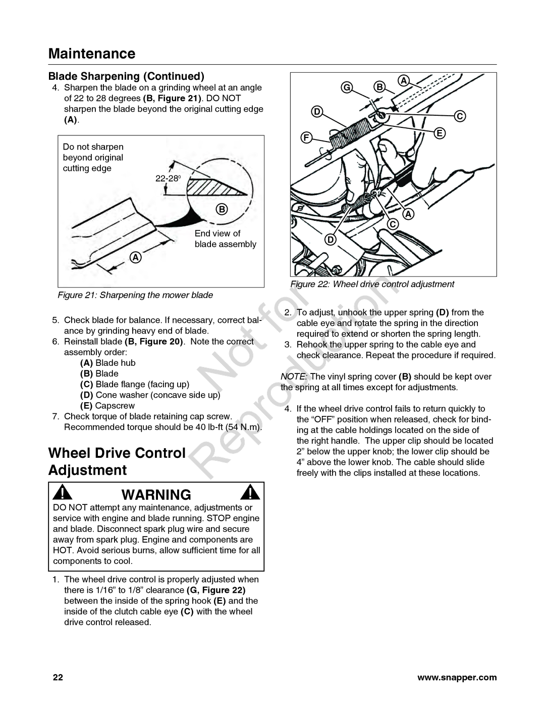 Snapper 7800849 manual Wheel Drive Control, Adjustment, Blade Sharpening 