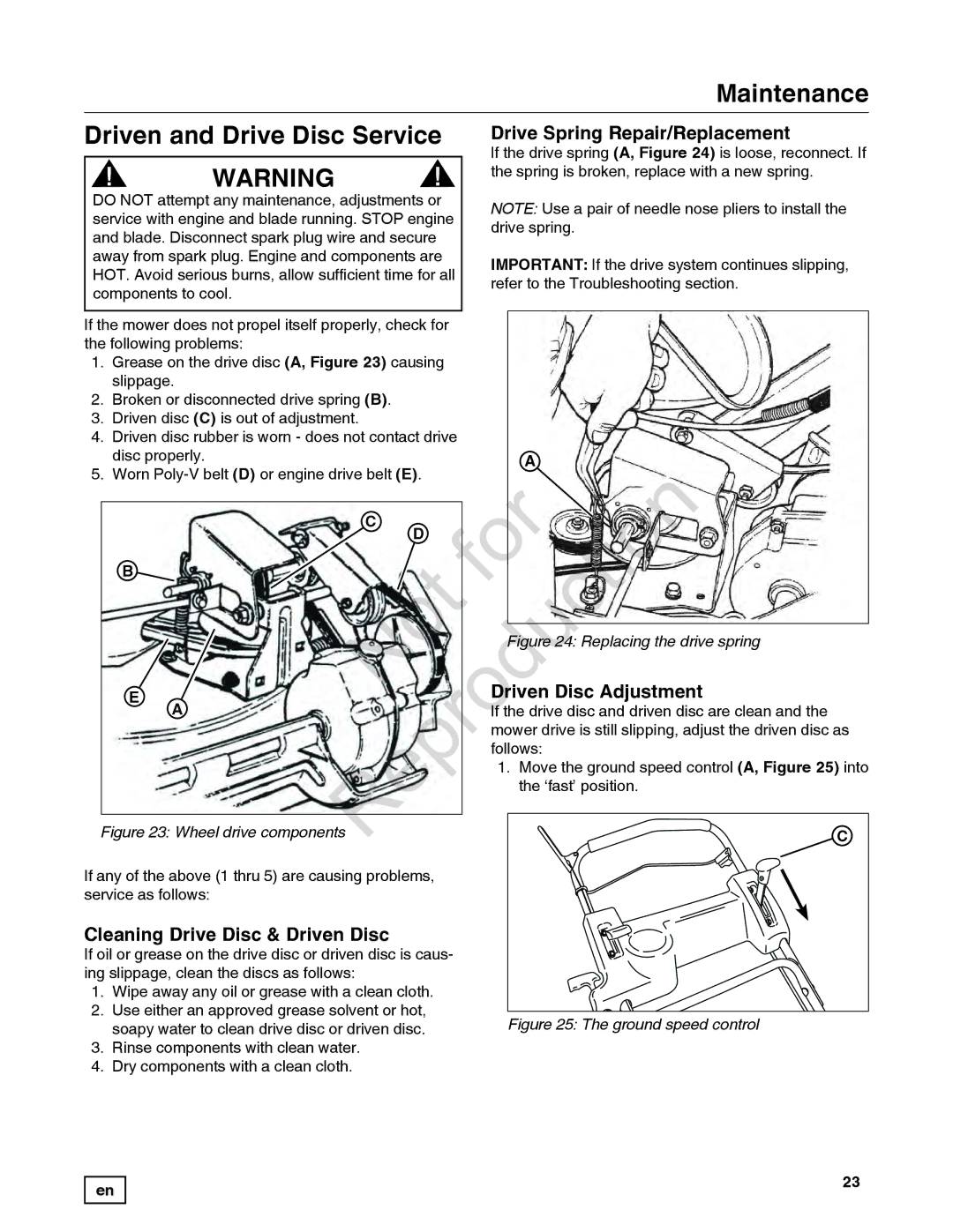 Snapper 7800849 manual Reproduction For Not, Maintenance Driven and Drive Disc Service, Drive Spring Repair/Replacement 