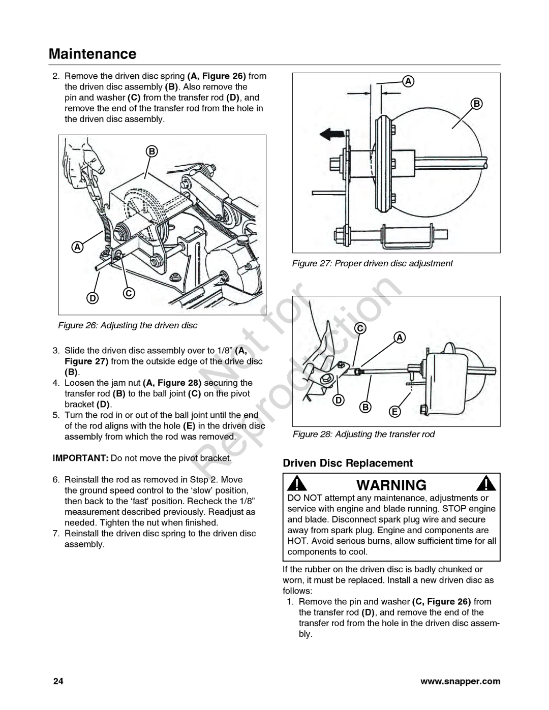 Snapper 7800849 manual Driven Disc Replacement, Proper driven disc adjustment 