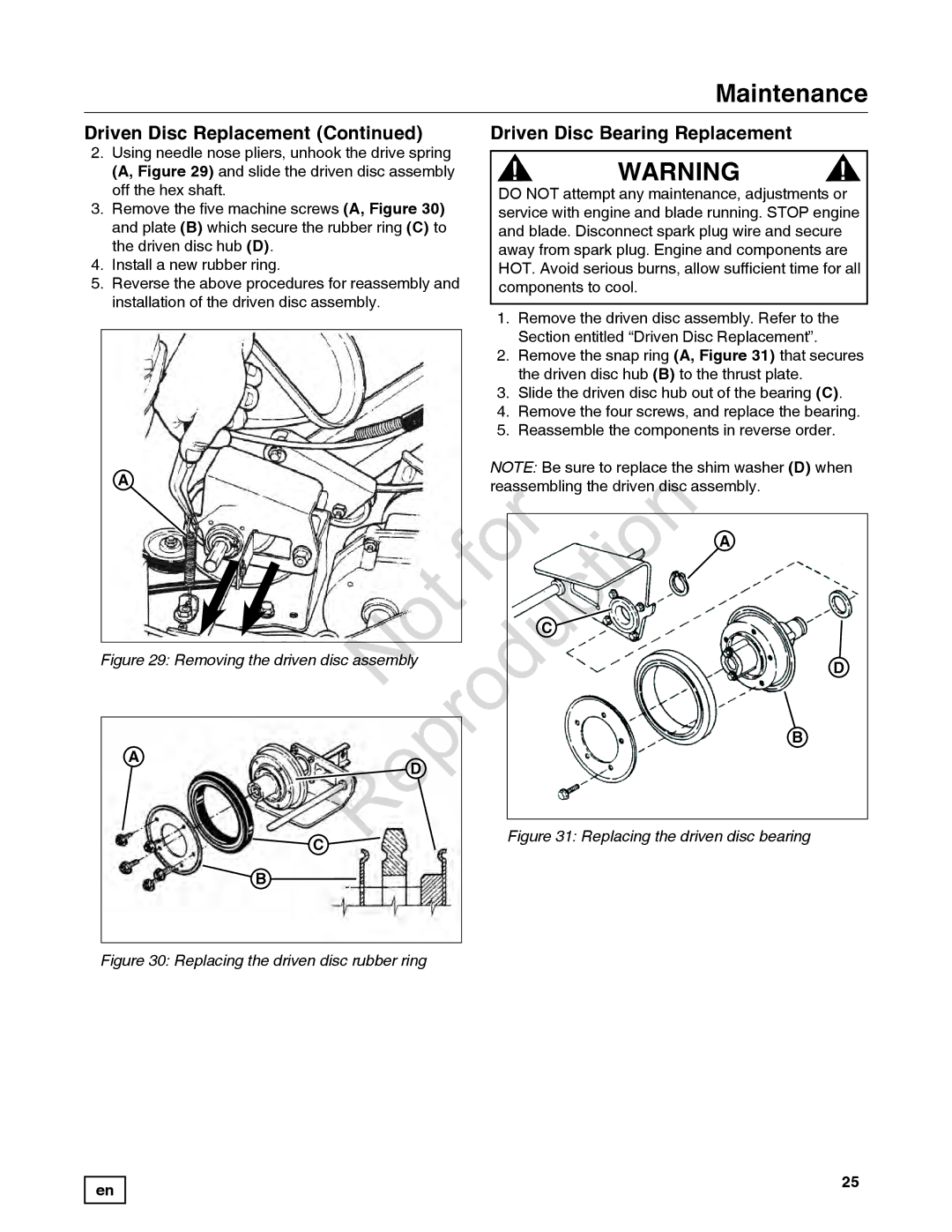 Snapper 7800849 manual CReproduction, Not For, Driven Disc Replacement Driven Disc Bearing Replacement 