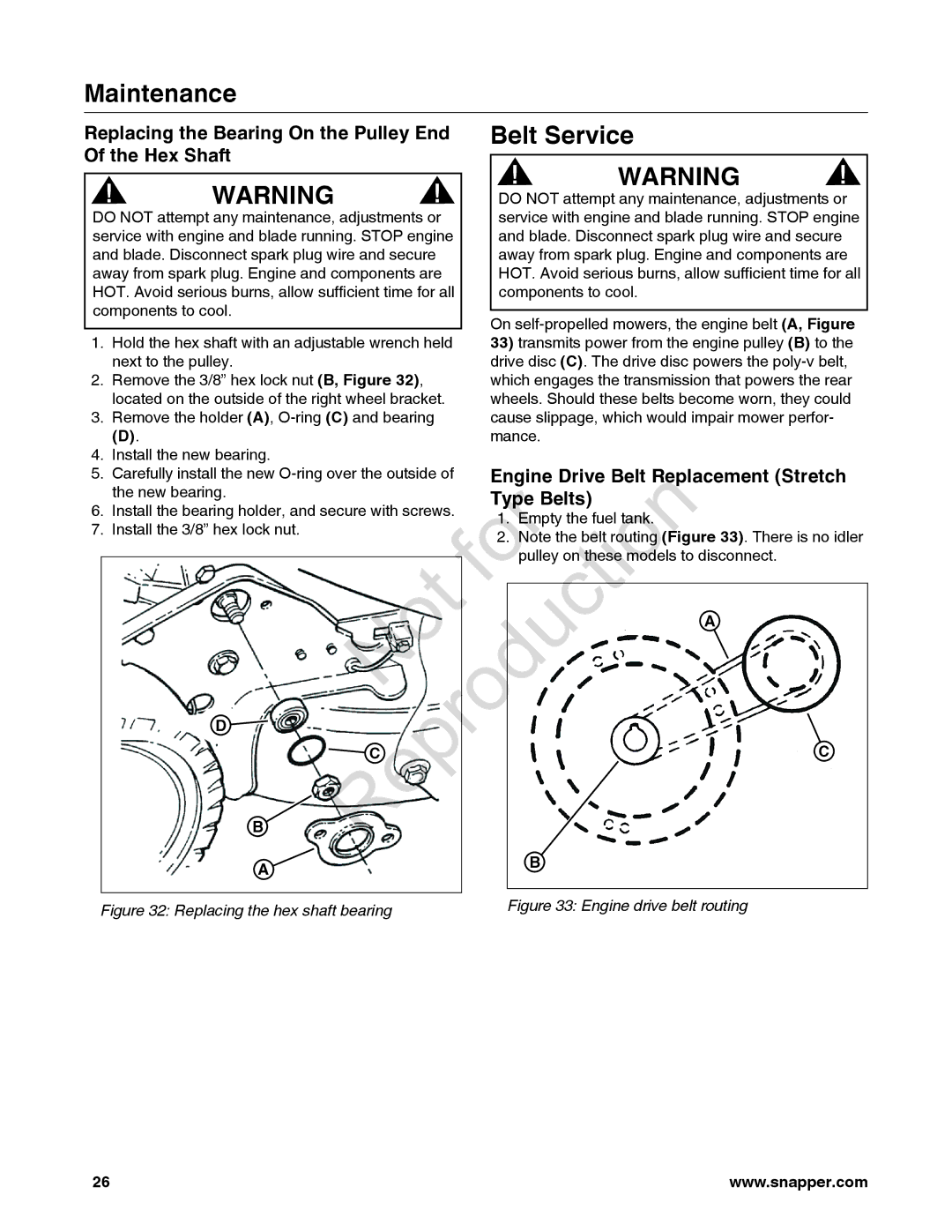 Snapper 7800849 Belt Service, Replacing the Bearing On the Pulley End, Hex Shaft, Engine Drive Belt Replacement Stretch 