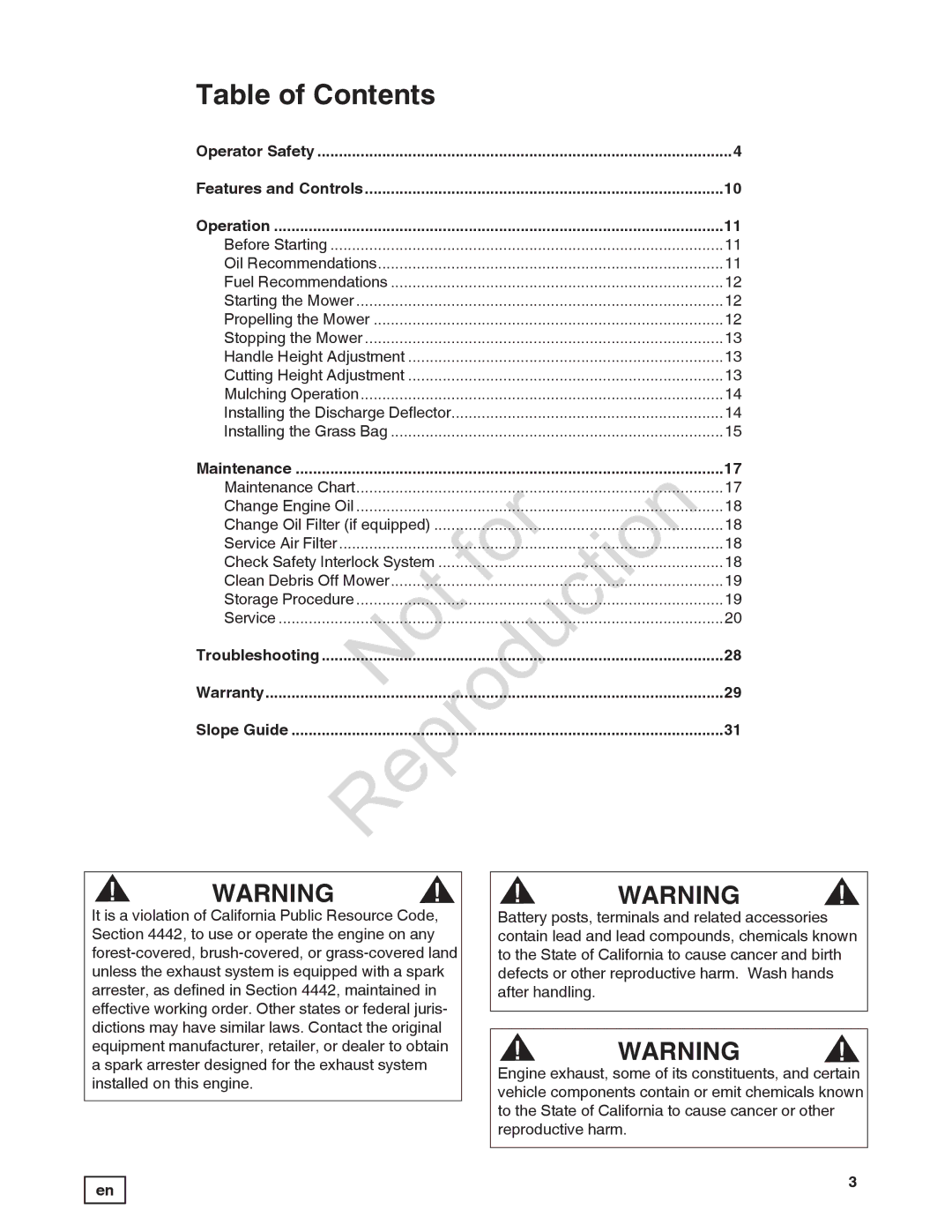 Snapper 7800849 manual Table of Contents 