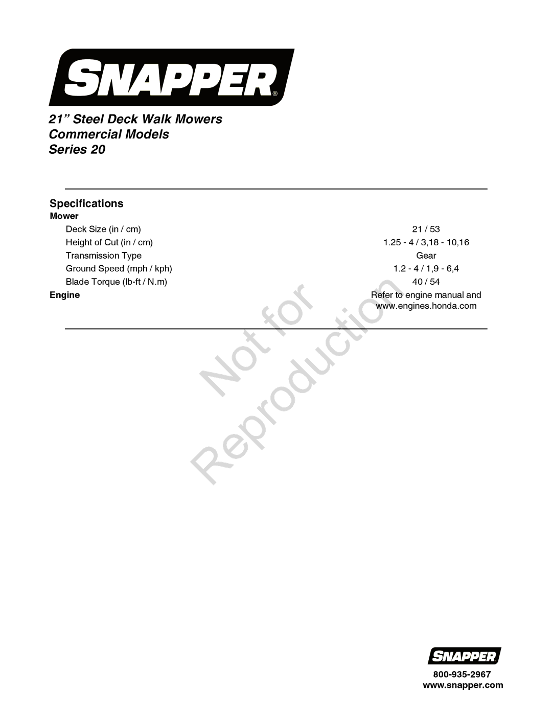 Snapper 7800849 manual Steel Deck Walk Mowers Commercial Models Series, Specifications 