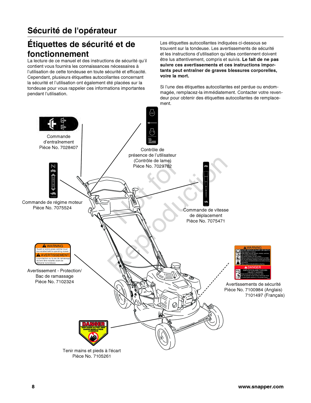 Snapper 7800849 manual Sécurité de lopérateur Étiquettes de sécurité et de, Fonctionnement 