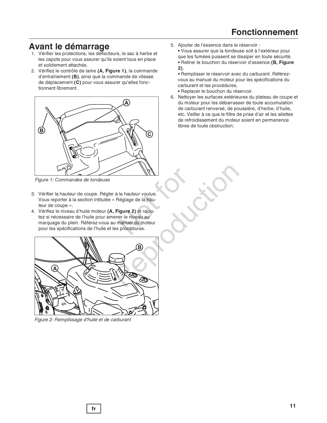 Snapper 7800849 manual Avant le démarrage Fonctionnement, Remplissage d’huile et de carburant 