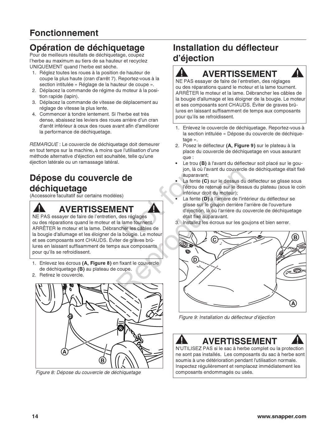 Snapper 7800849 Opération de déchiquetage Installation du déflecteur, ’éjection, Dépose du couvercle de, Déchiquetage 