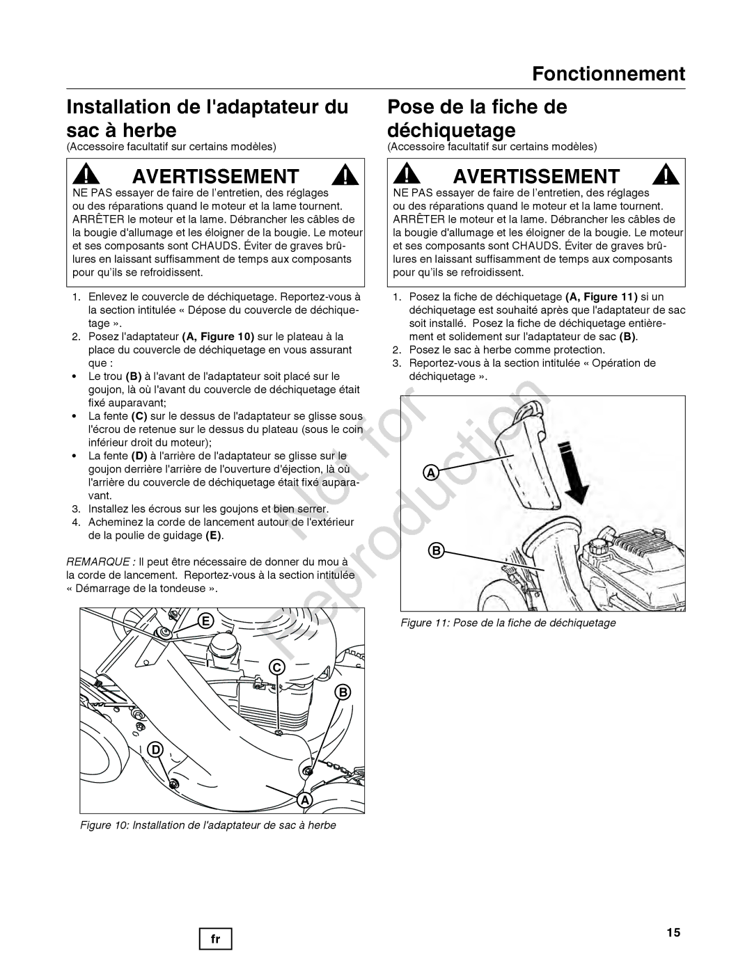 Snapper 7800849 manual Fonctionnement Installation de ladaptateur du sac à herbe, Pose de la fiche de déchiquetage 