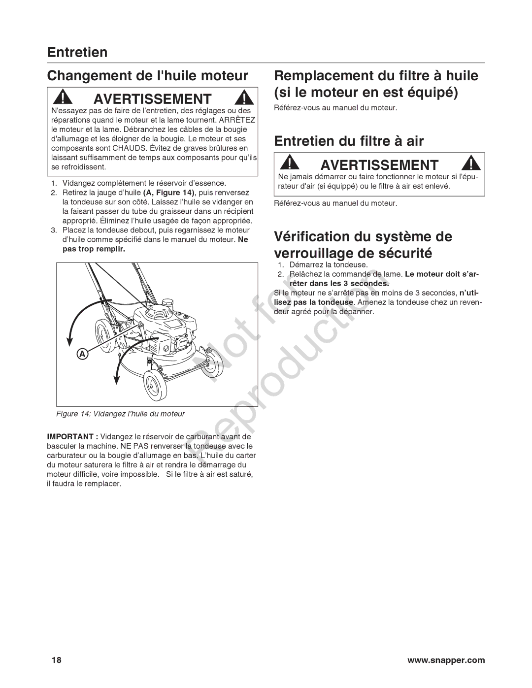 Snapper 7800849 manual Si le moteur en est équipé, Entretien du filtre à air, Vérification du système de 