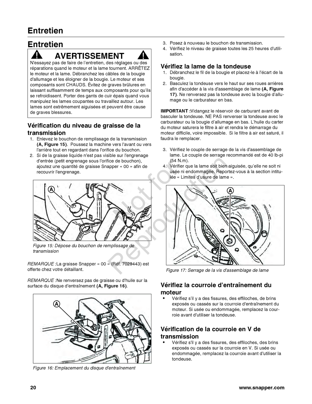 Snapper 7800849 manual Entretien 