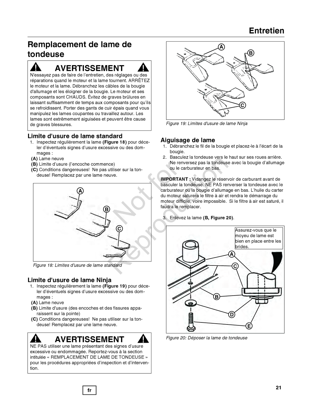 Snapper 7800849 manual Entretien Remplacement de lame de tondeuse, Limite dusure de lame standard Aiguisage de lame 